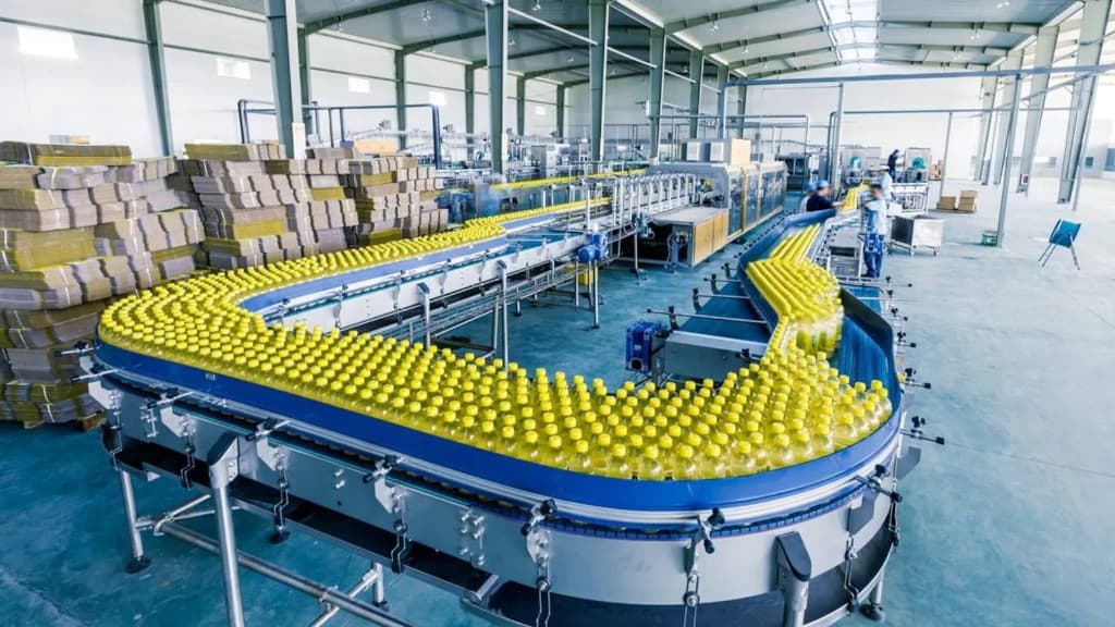 Food processing bottling line in an industrial facility