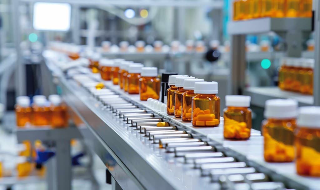 Pharmaceutical bottling line with medicine bottles